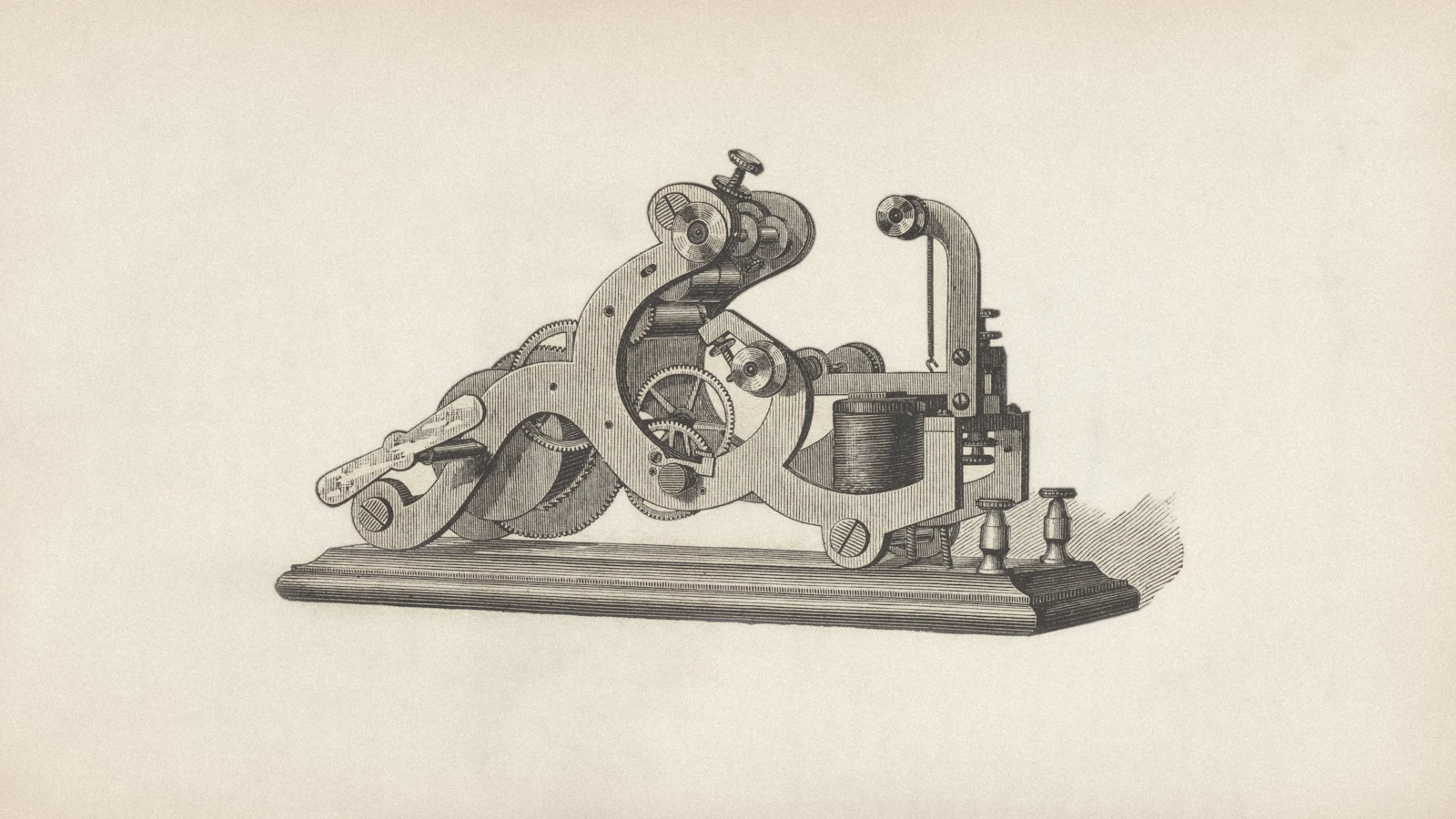 An archival engraving of one clockwork instrument with an electromagnet, every gear drawn in detail on a blank page: a single change specified in depth, with nothing to say what comes before or after it