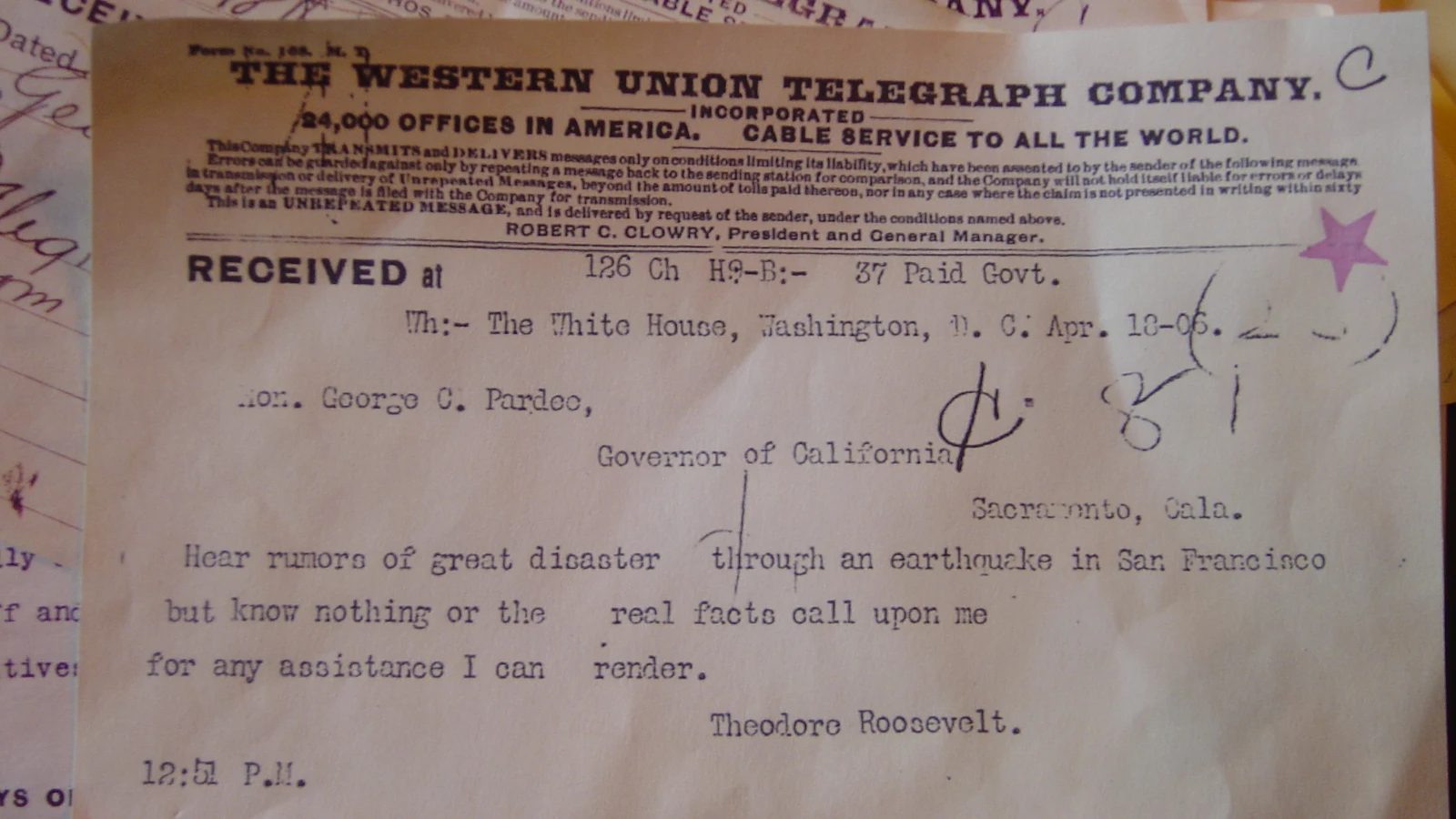 A 1906 Western Union telegram from Theodore Roosevelt to the governor of California, its sender, place and time recorded around a short message, as a commit's trailers are